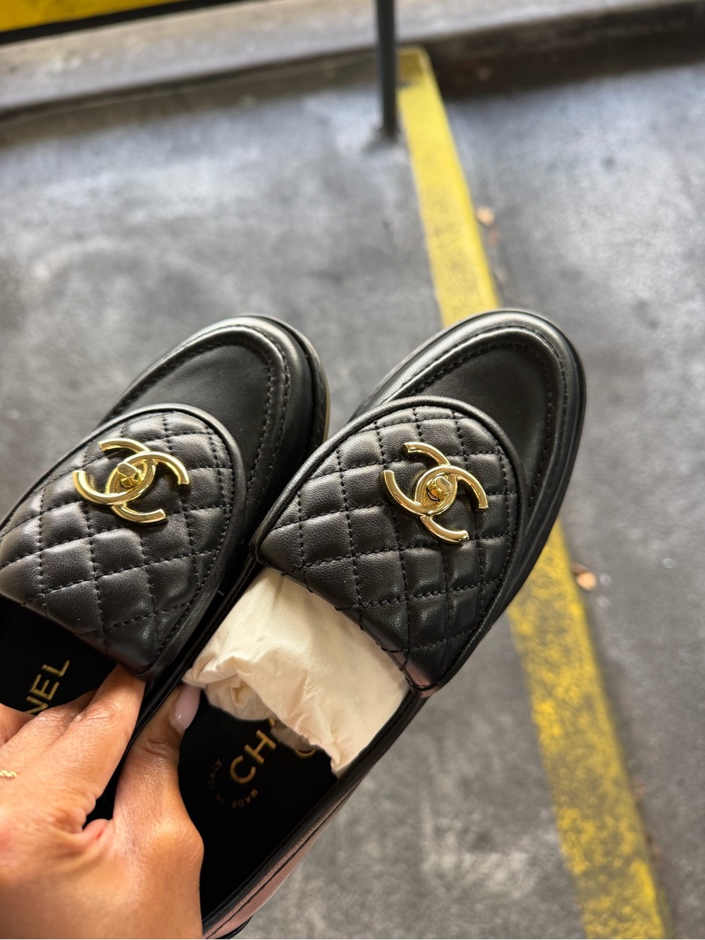 Black Quilted Leather Loafers with Gold CC Logo